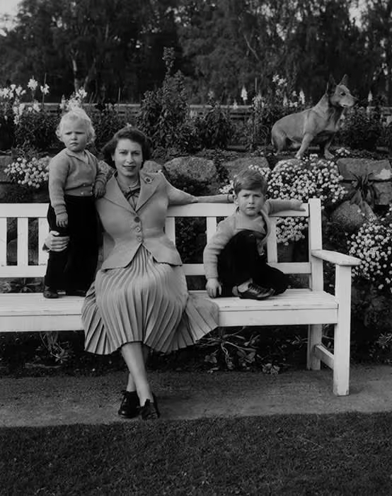 Queen with Charles and Anne and Corgis